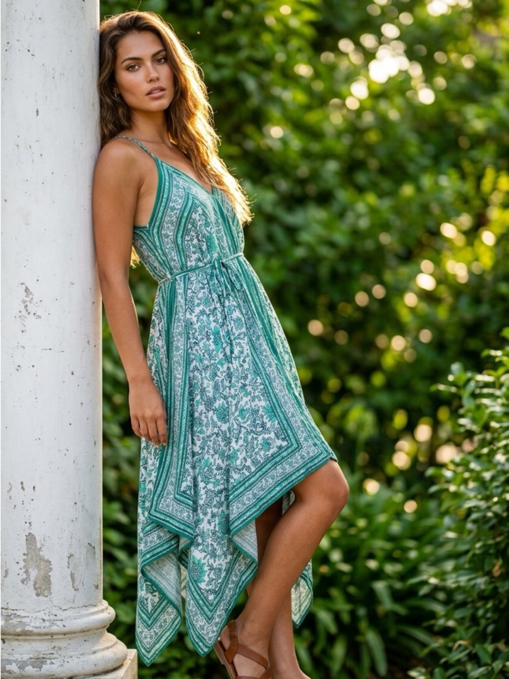 Cost Plus World Market Teal Green Floral Handkerchief Hem Sundress - Picture 2 of 5